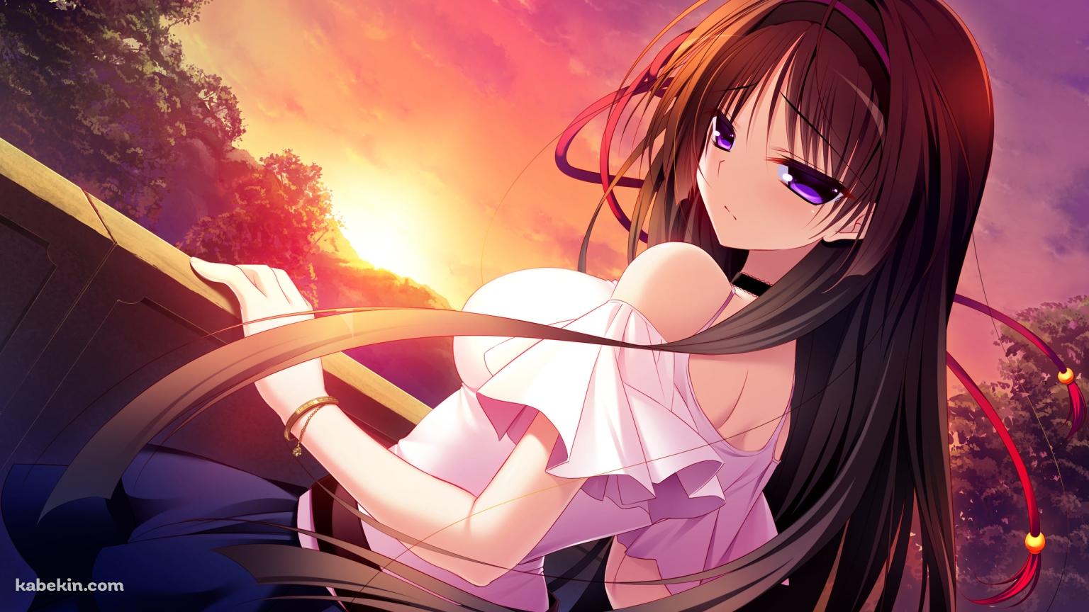 夕陽とこちらに振り返る久千房 夜霧 / ピュアガールの壁紙(1536px x 864px) 高画質 PC・デスクトップ用