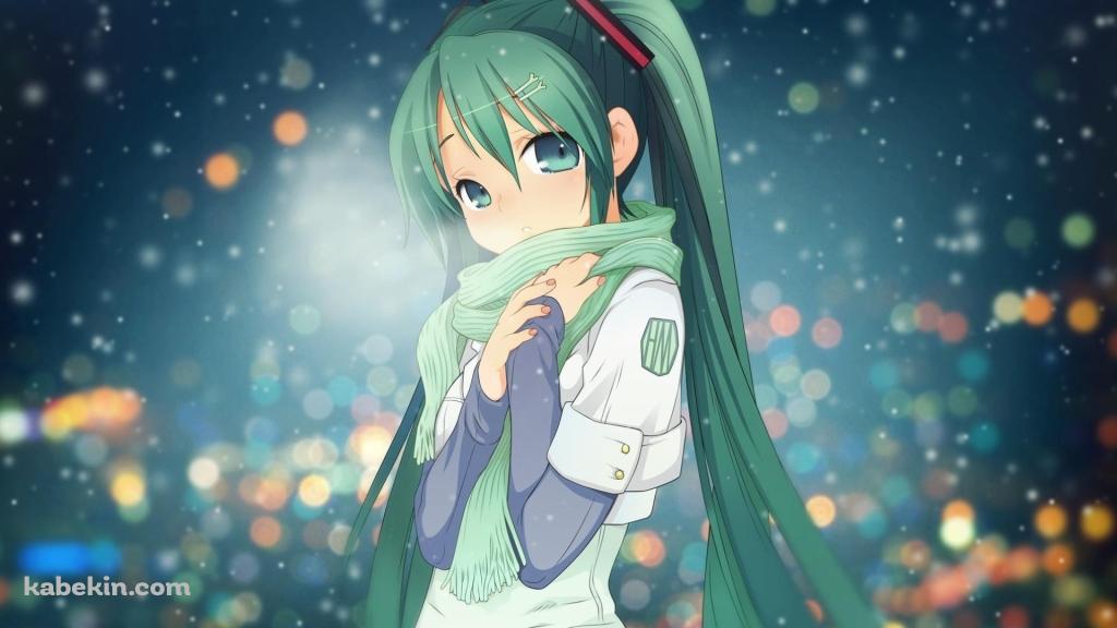 雪の中、緑のマフラーをつけた初音ミク / 冬 / ボーカロイドの壁紙(1024px x 576px) 高画質 PC・デスクトップ用