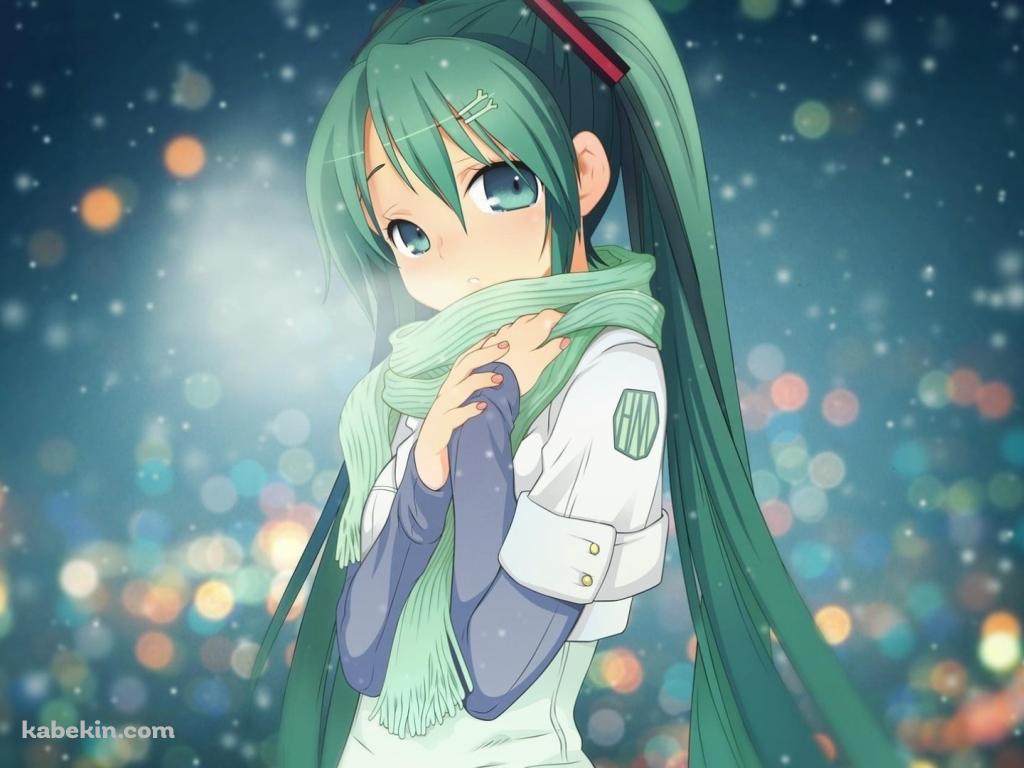 雪の中、緑のマフラーをつけた初音ミク / 冬 / ボーカロイドの壁紙(1024px x 768px) 高画質 PC・デスクトップ用
