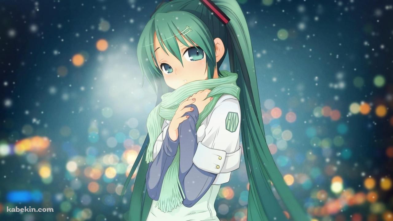 雪の中、緑のマフラーをつけた初音ミク / 冬 / ボーカロイドの壁紙(1280px x 720px) 高画質 PC・デスクトップ用
