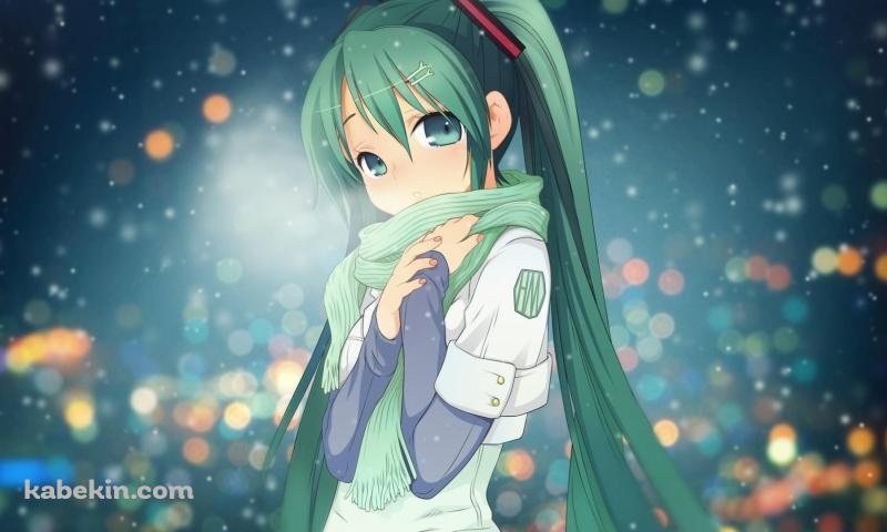 雪の中、緑のマフラーをつけた初音ミク / 冬 / ボーカロイドの壁紙(800px x 480px) 高画質 PC・デスクトップ用