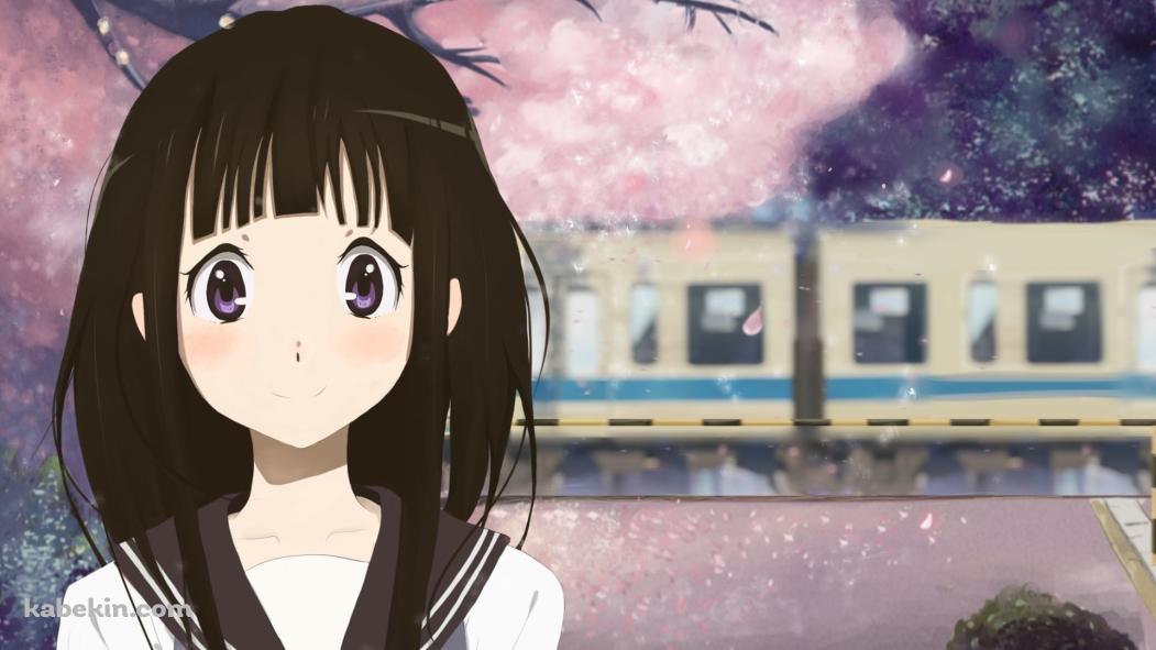 踏切を通過する電車と桜と千反田える / 氷菓の壁紙(1051px x 591px) 高画質 PC・デスクトップ用