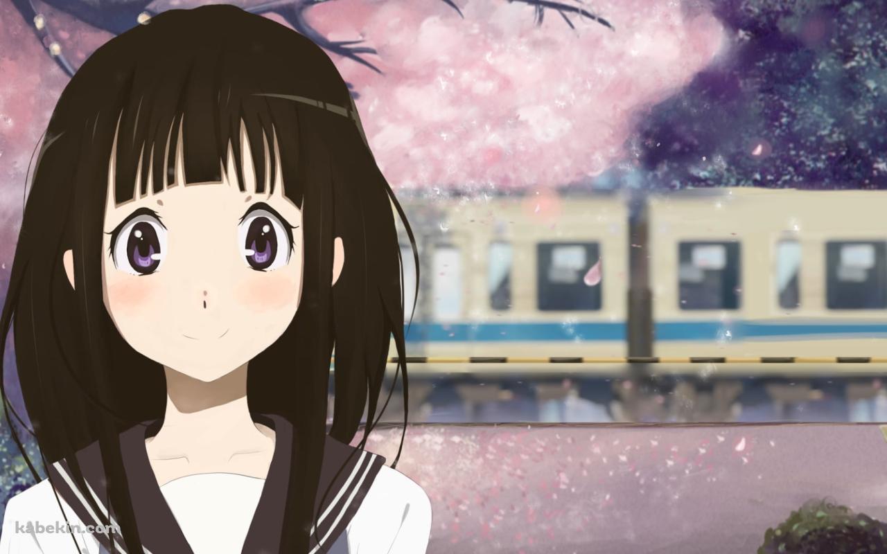 踏切を通過する電車と桜と千反田える / 氷菓の壁紙(1280px x 800px) 高画質 PC・デスクトップ用
