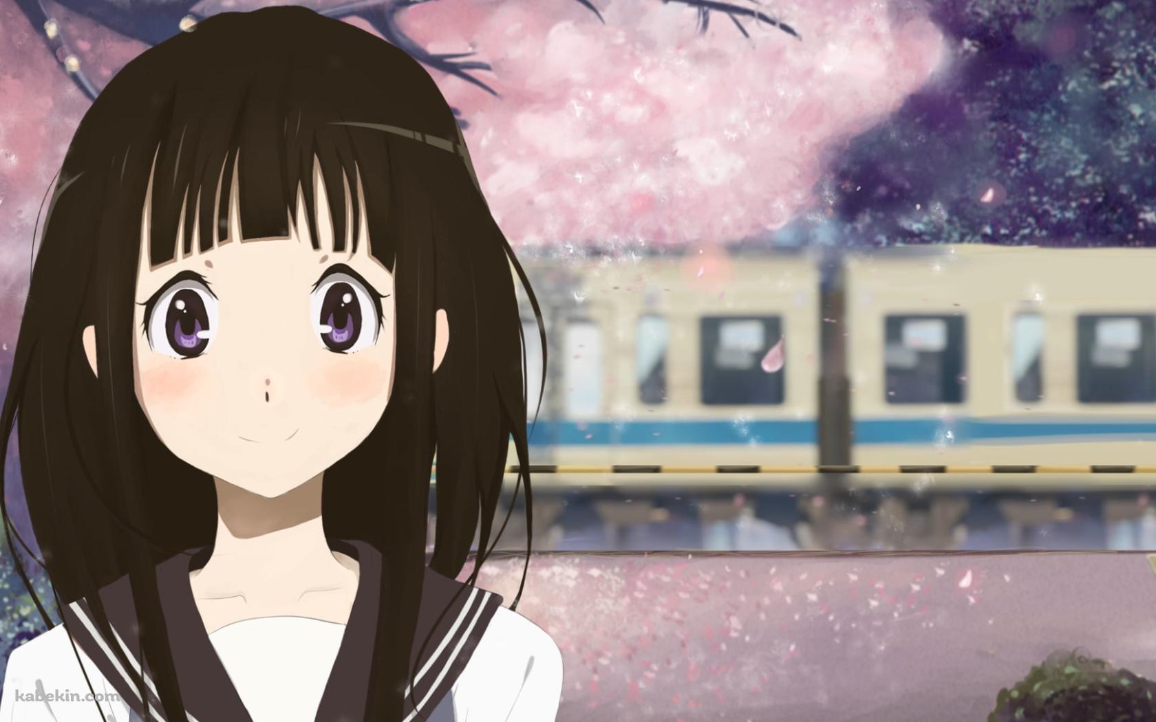 踏切を通過する電車と桜と千反田える / 氷菓の壁紙(1680px x 1050px) 高画質 PC・デスクトップ用