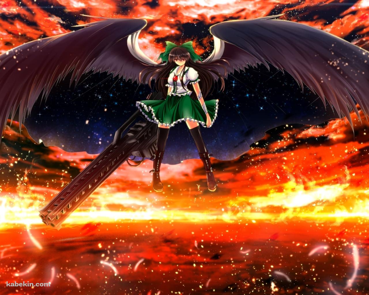 大きな黒い武器を持ち宙に浮く霊烏路空(れいうじうつほ) / 東方の壁紙(1280px x 1024px) 高画質 PC・デスクトップ用