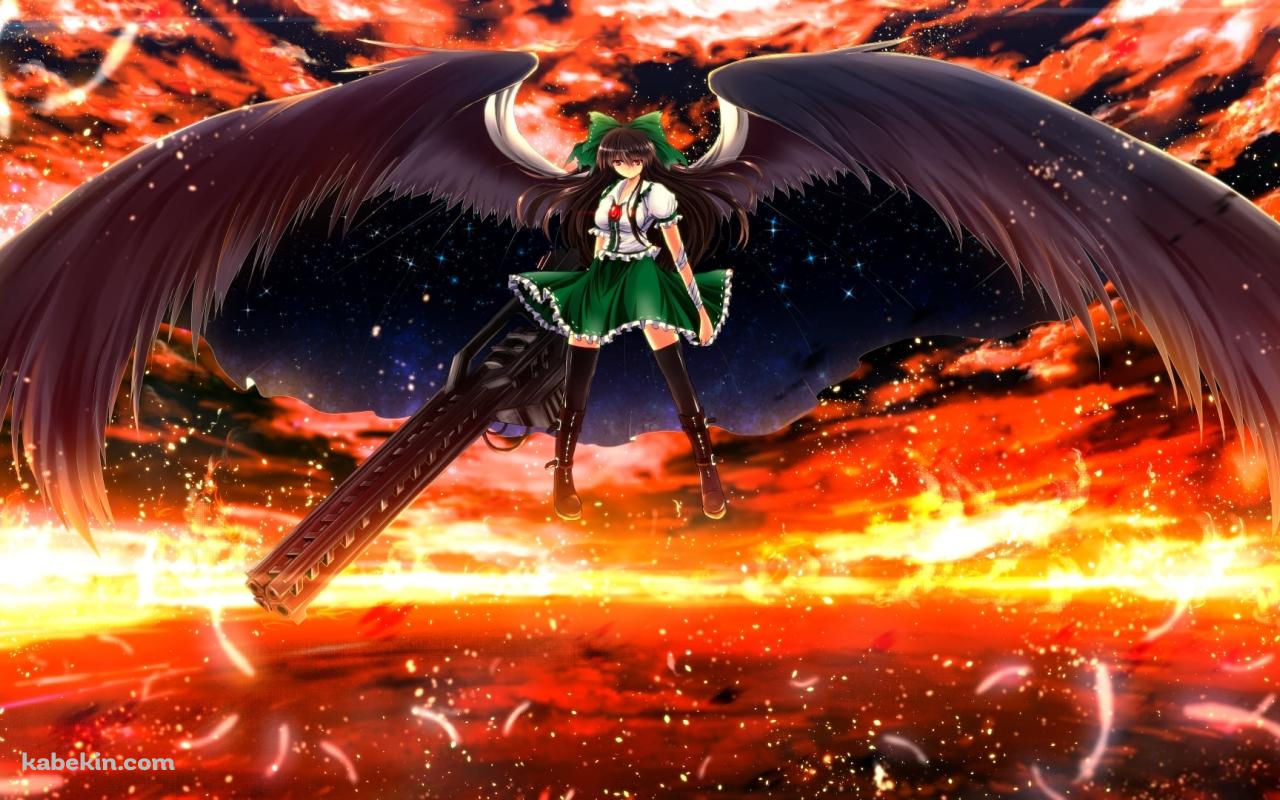 大きな黒い武器を持ち宙に浮く霊烏路空(れいうじうつほ) / 東方の壁紙(1280px x 800px) 高画質 PC・デスクトップ用