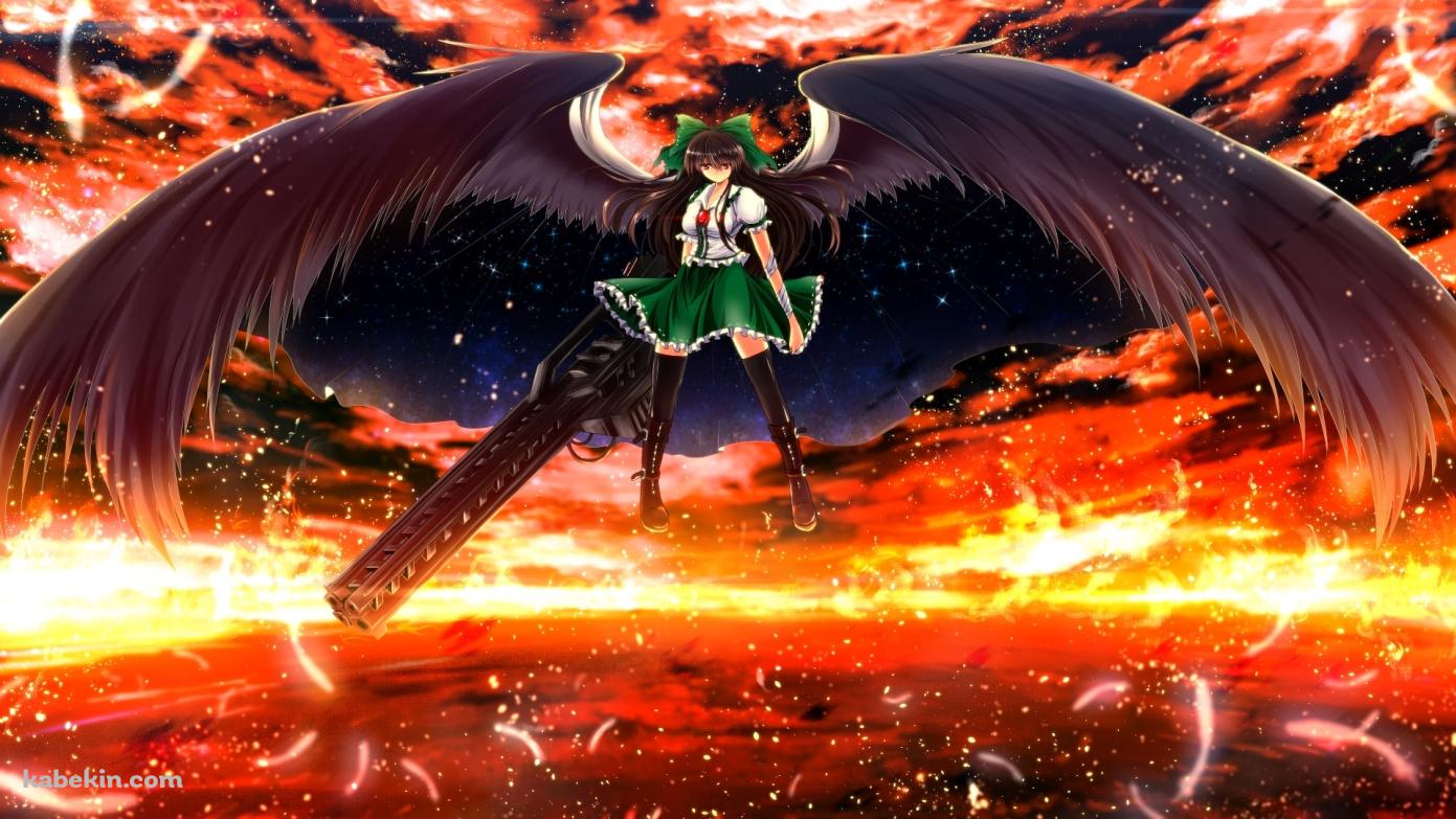 大きな黒い武器を持ち宙に浮く霊烏路空(れいうじうつほ) / 東方の壁紙(1391px x 783px) 高画質 PC・デスクトップ用