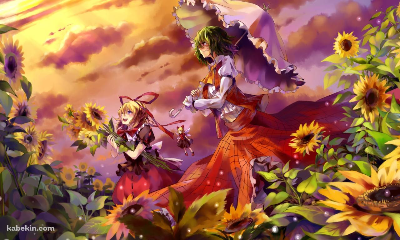 向日葵畑と空を眺めるメディスン・メランコリーと風見幽香 / 東方の壁紙(1280px x 768px) 高画質 PC・デスクトップ用