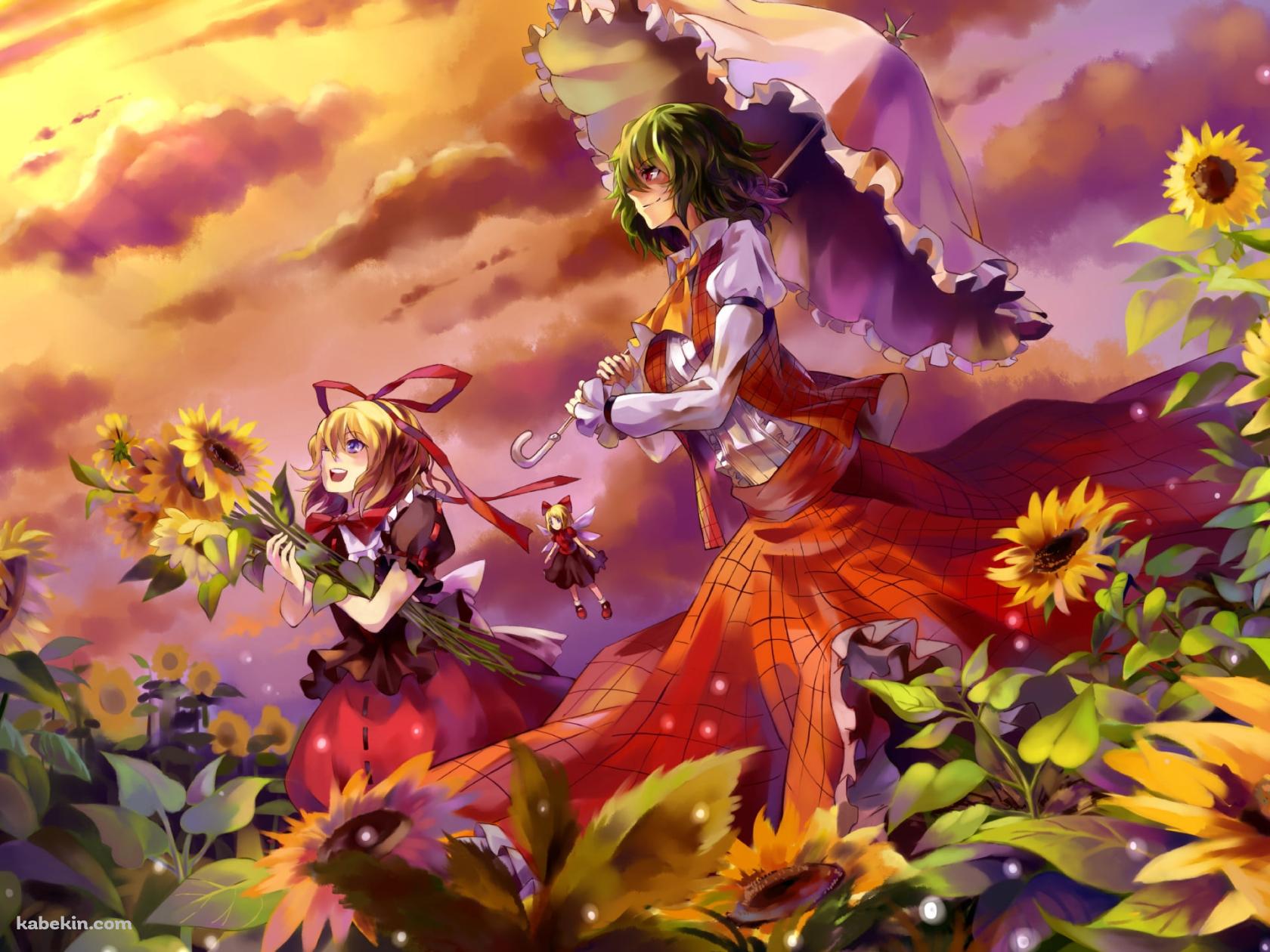 向日葵畑と空を眺めるメディスン・メランコリーと風見幽香 / 東方の壁紙(1680px x 1260px) 高画質 PC・デスクトップ用