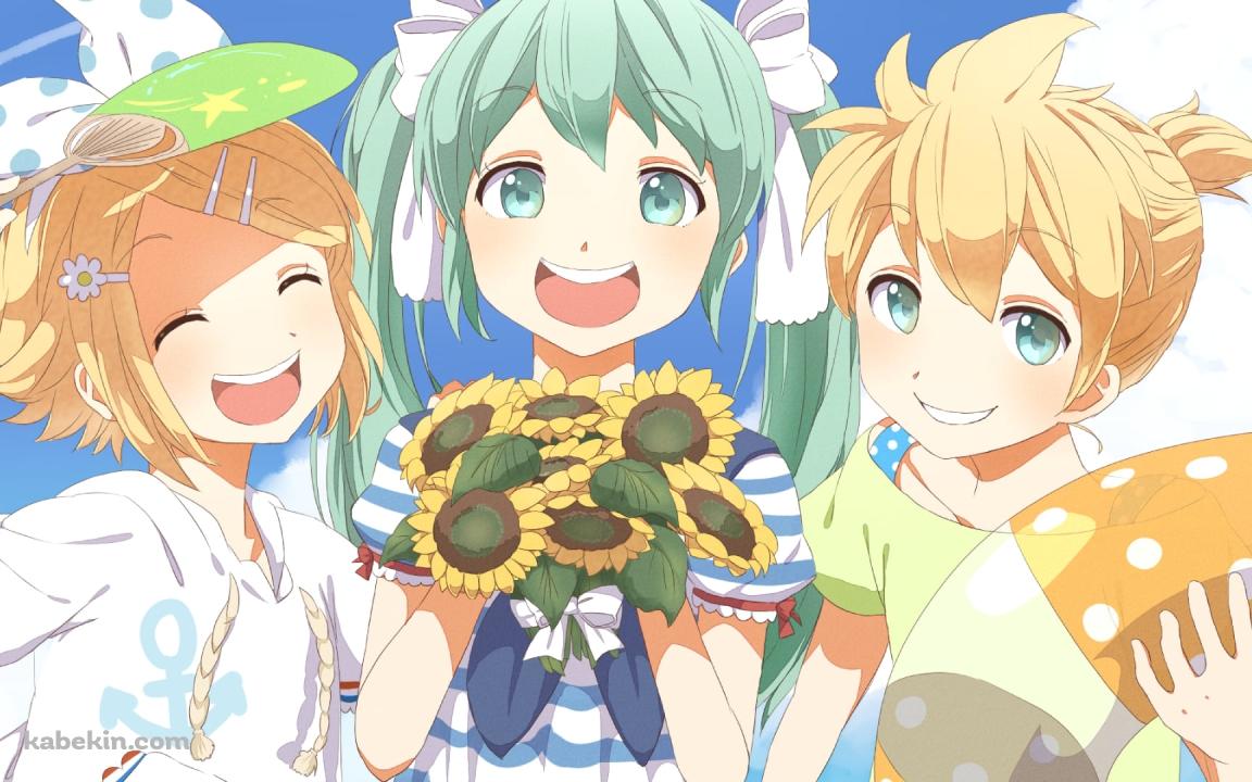 向日葵を持つ初音ミク / 団扇を持つ鏡音リン / 浮き輪を持つ鏡音レン / 夏の海 / 飛行機雲 / ボーカロイドの壁紙(1152px x 720px) 高画質 PC・デスクトップ用