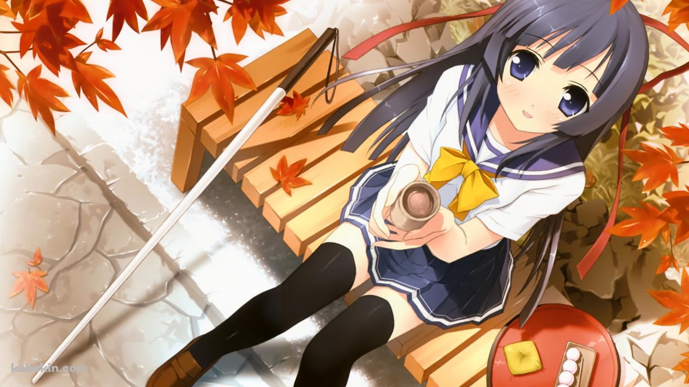 紅葉を見ながらお茶を飲む鈴白 灯 / 空を飛ぶ、3つの方法。の壁紙(1366px x 768px) 高画質 PC・デスクトップ用