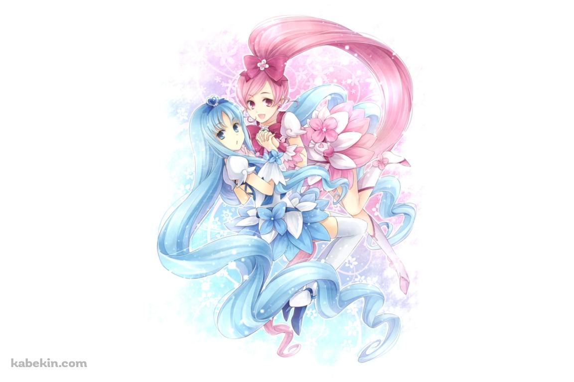 手を取り合う来海えりかと花咲つぼみ / 安定のえりか / キュアブロッサム / キュアマリン / ハートキャッチプリキュア!の壁紙(1152px x 768px) 高画質 PC・デスクトップ用