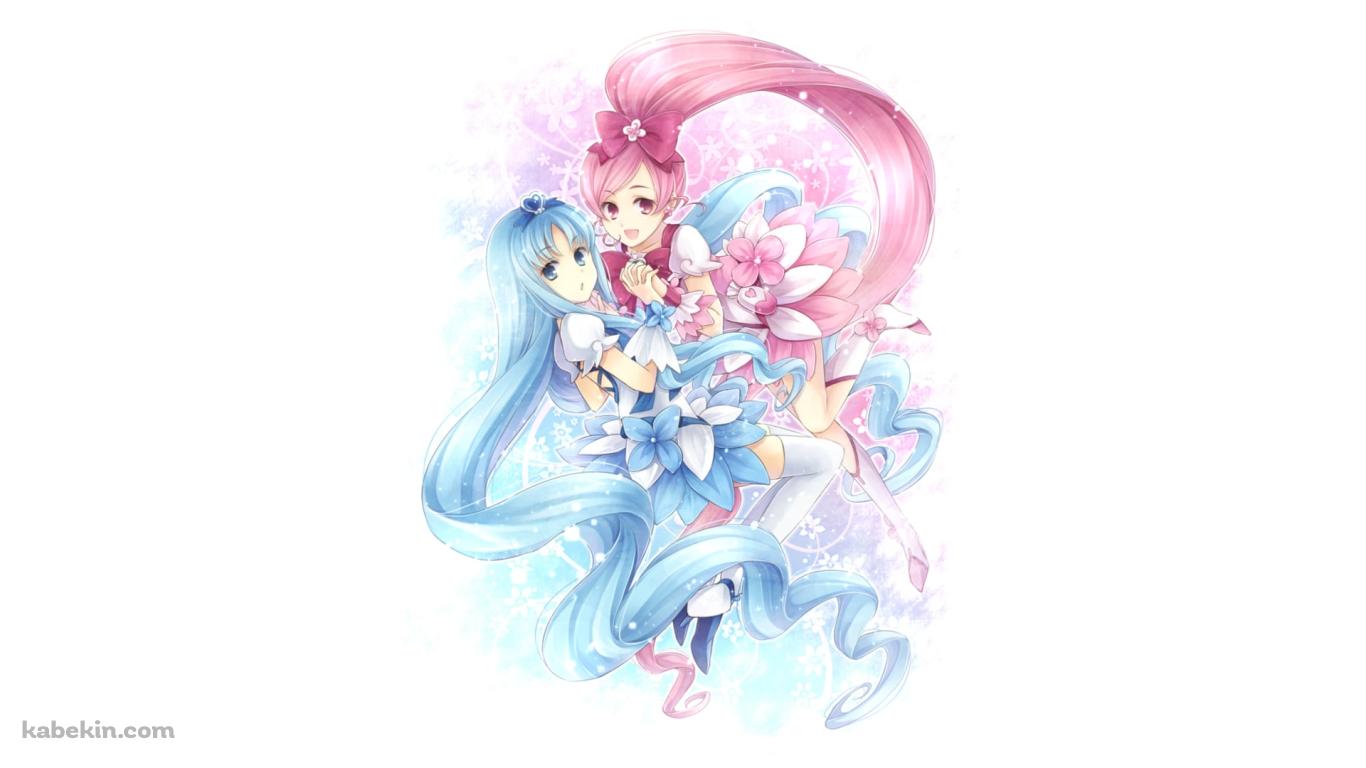 手を取り合う来海えりかと花咲つぼみ / 安定のえりか / キュアブロッサム / キュアマリン / ハートキャッチプリキュア!の壁紙(1366px x 768px) 高画質 PC・デスクトップ用