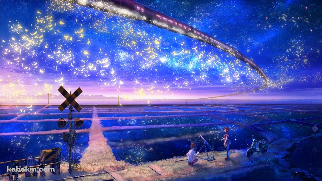 空飛ぶ電車を眺める子供の壁紙(1024px x 576px) 高画質 PC・デスクトップ用
