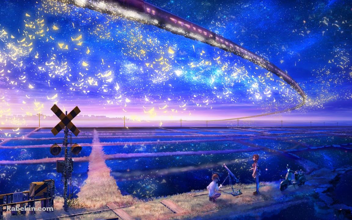 空飛ぶ電車を眺める子供の壁紙(1152px x 720px) 高画質 PC・デスクトップ用
