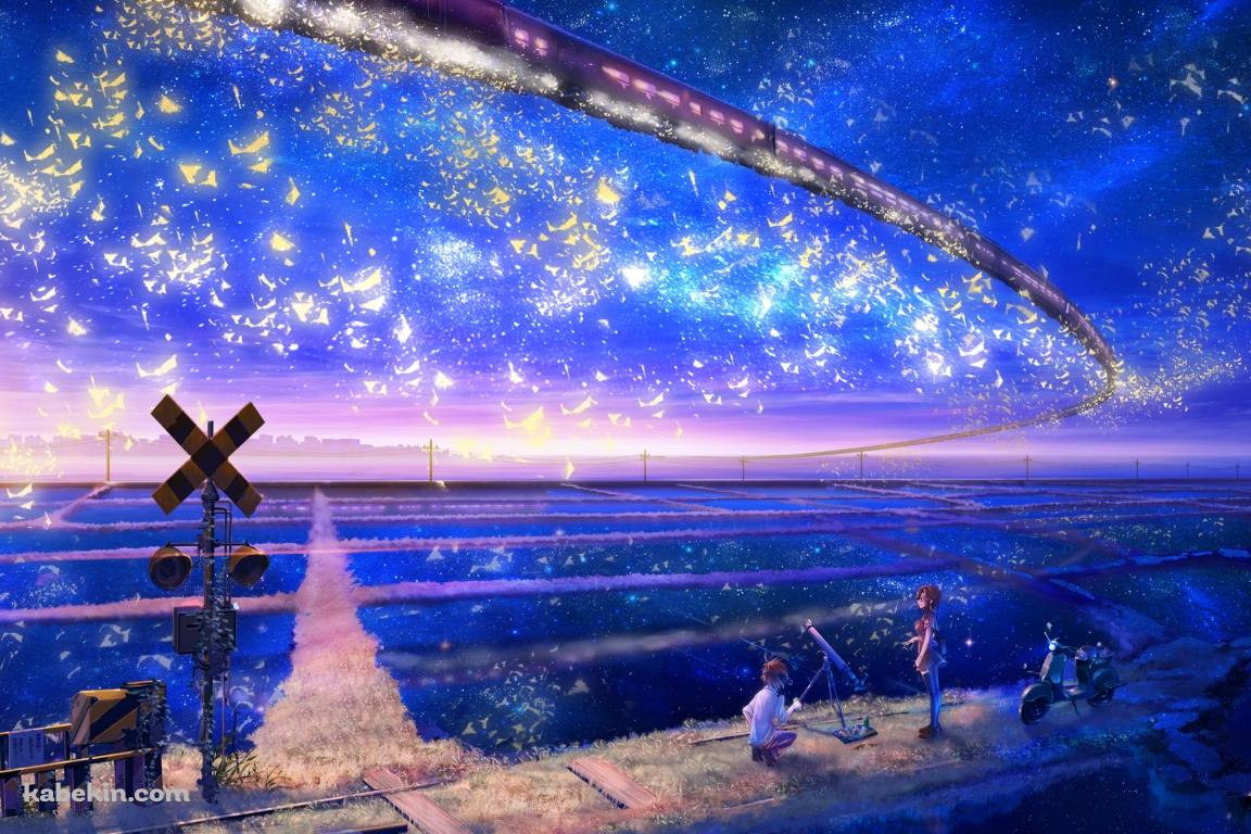 空飛ぶ電車を眺める子供の壁紙(1152px x 768px) 高画質 PC・デスクトップ用