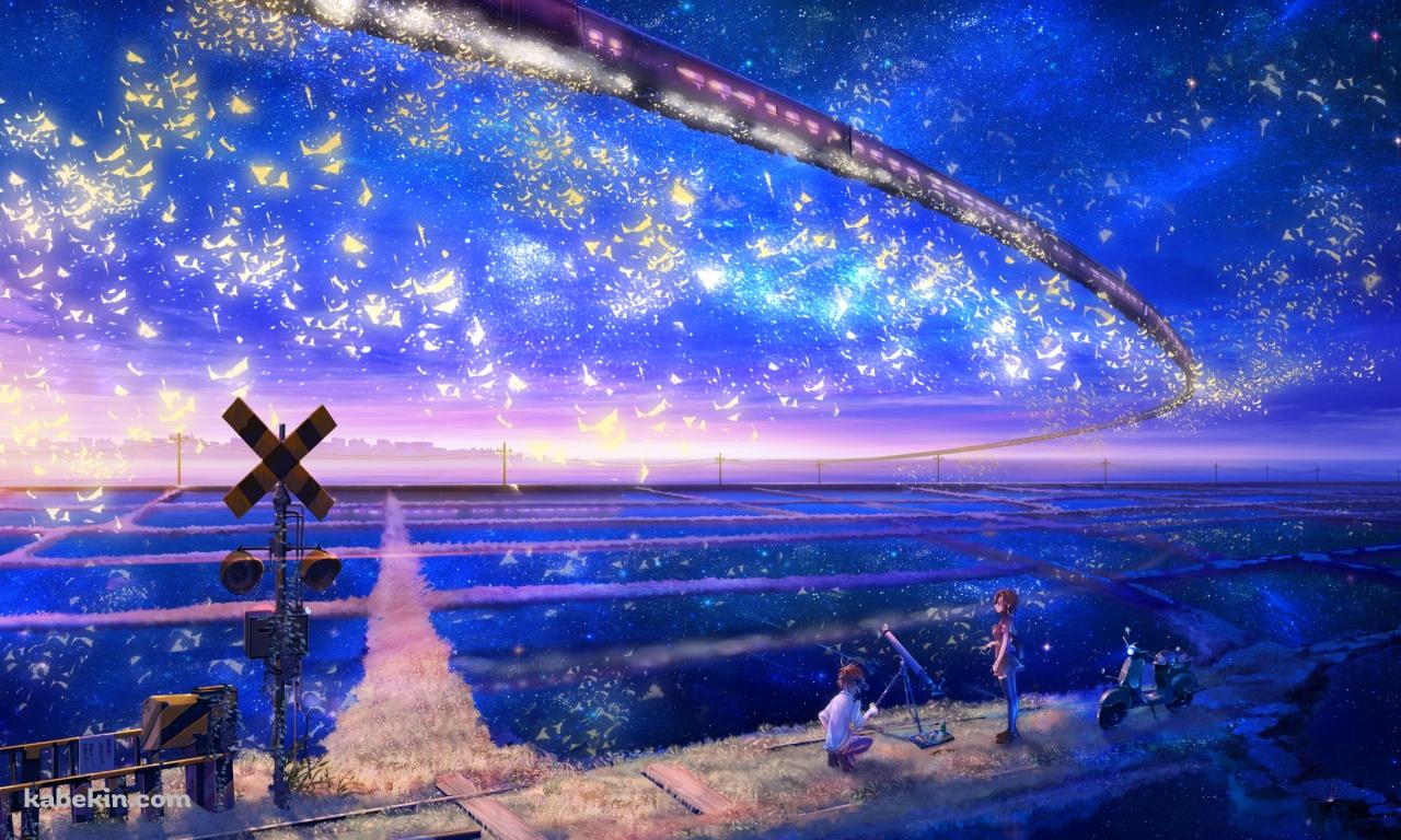 空飛ぶ電車を眺める子供の壁紙(1280px x 768px) 高画質 PC・デスクトップ用