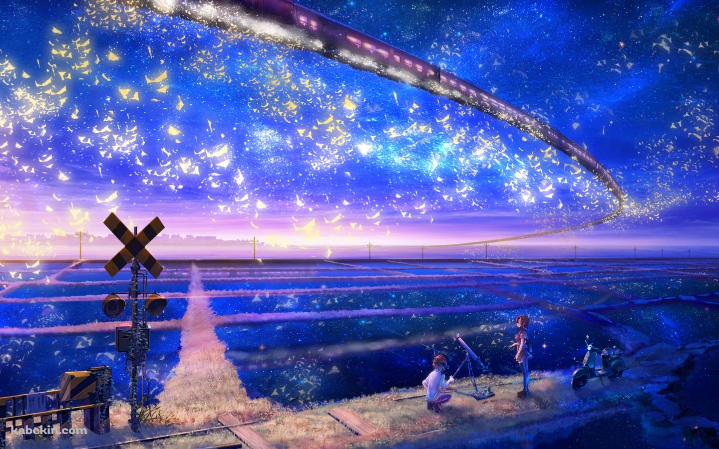 空飛ぶ電車を眺める子供の壁紙(1440px x 900px) 高画質 PC・デスクトップ用