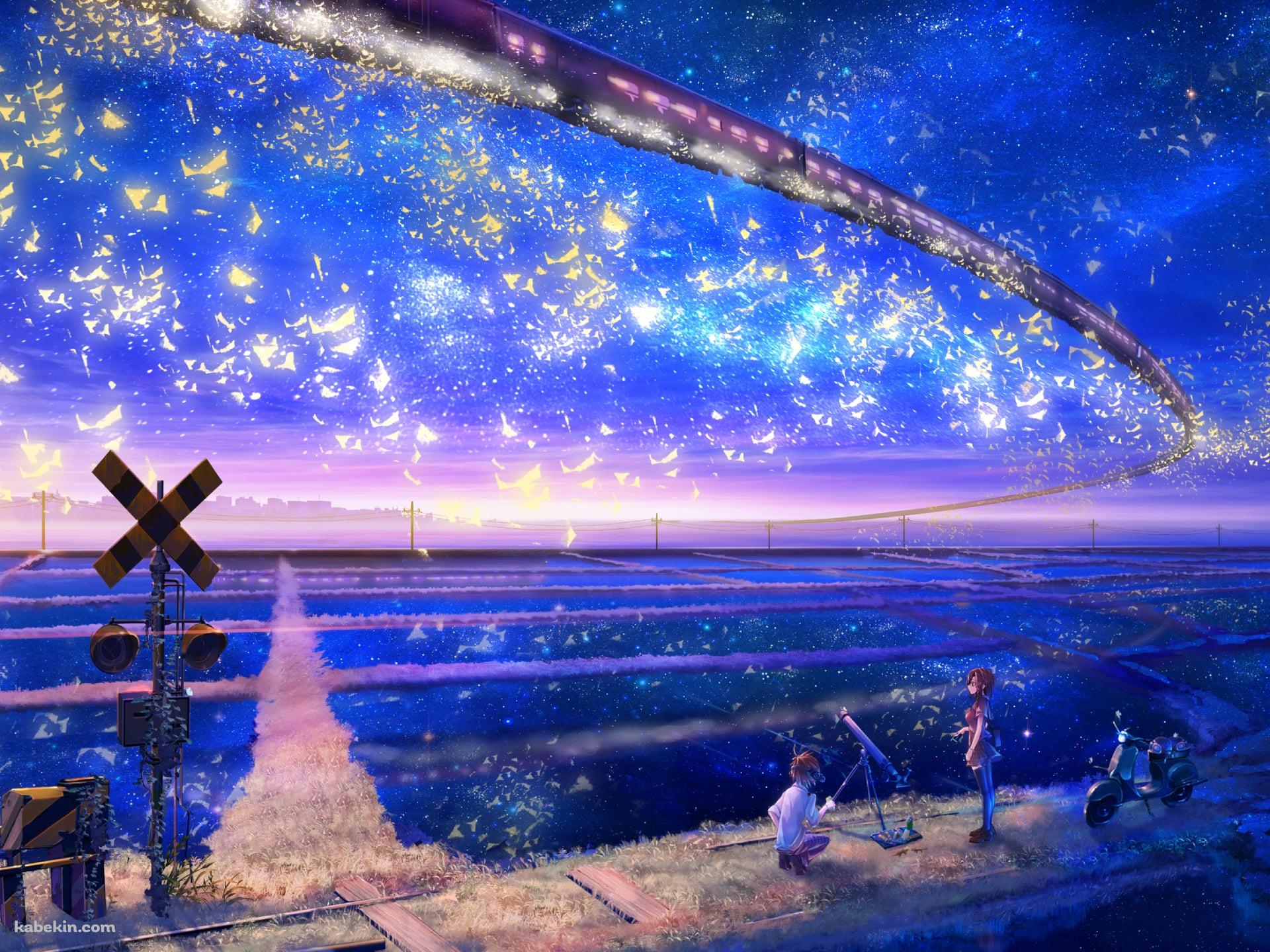 空飛ぶ電車を眺める子供の壁紙(1920px x 1440px) 高画質 PC・デスクトップ用