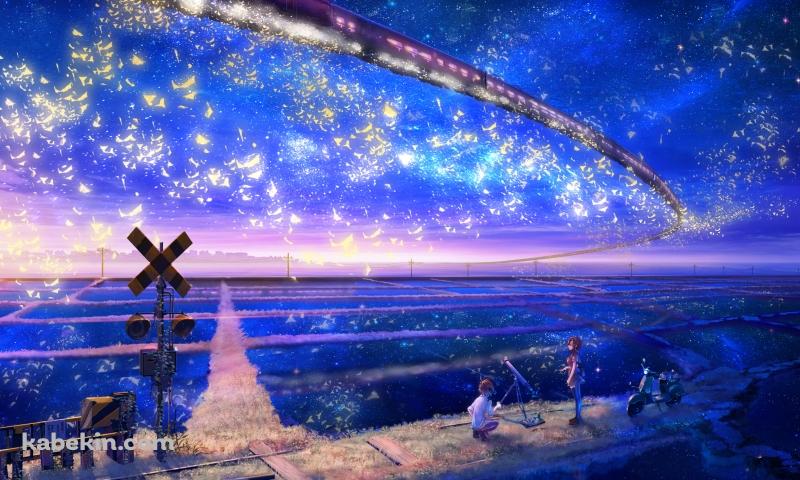 空飛ぶ電車を眺める子供の壁紙(800px x 480px) 高画質 PC・デスクトップ用
