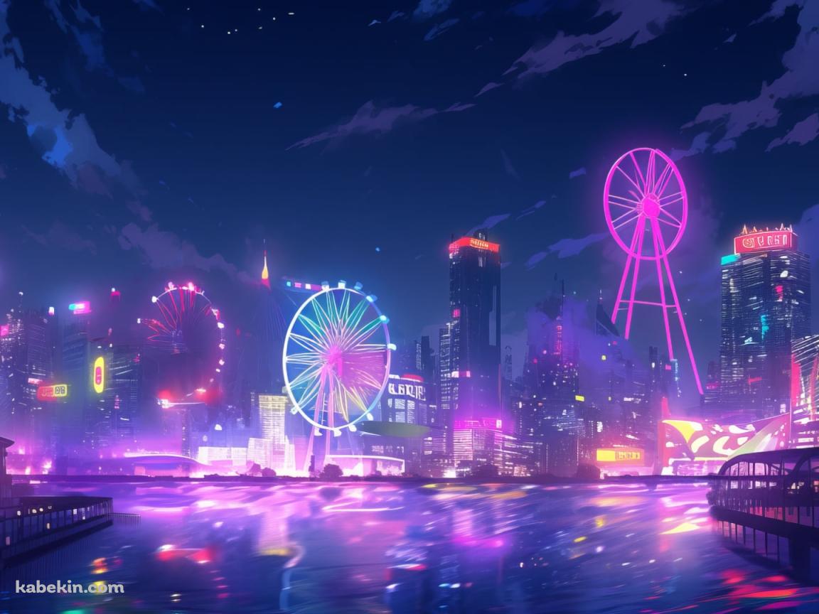 夜のネオンが光る遊園地 / 観覧車 / 都会のビル群の壁紙(1152px x 864px) 高画質 PC・デスクトップ用