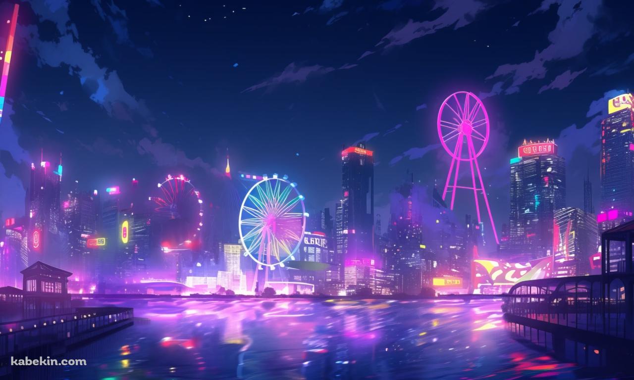 夜のネオンが光る遊園地 / 観覧車 / 都会のビル群の壁紙(1280px x 768px) 高画質 PC・デスクトップ用