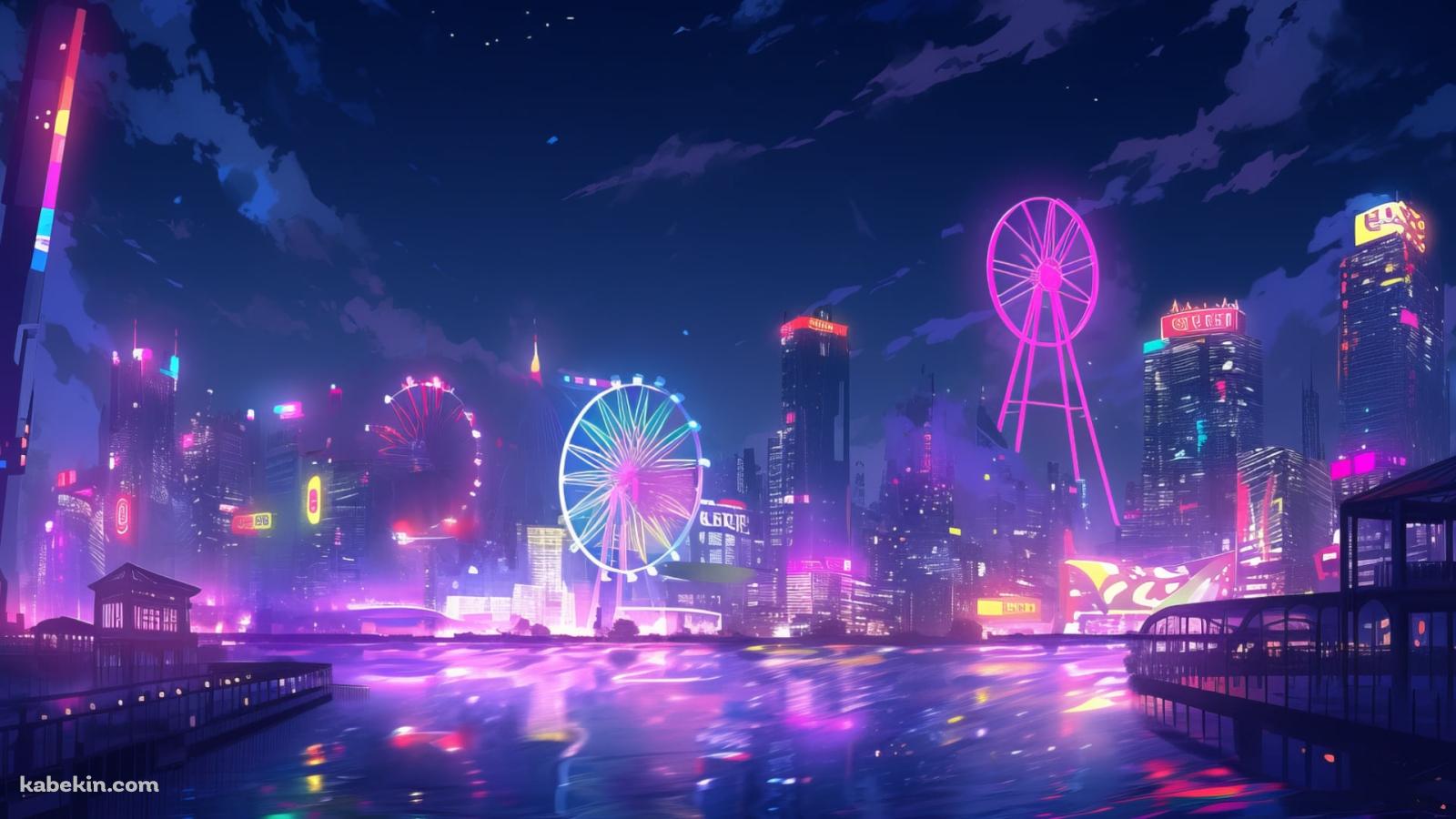 夜のネオンが光る遊園地 / 観覧車 / 都会のビル群の壁紙(1600px x 900px) 高画質 PC・デスクトップ用