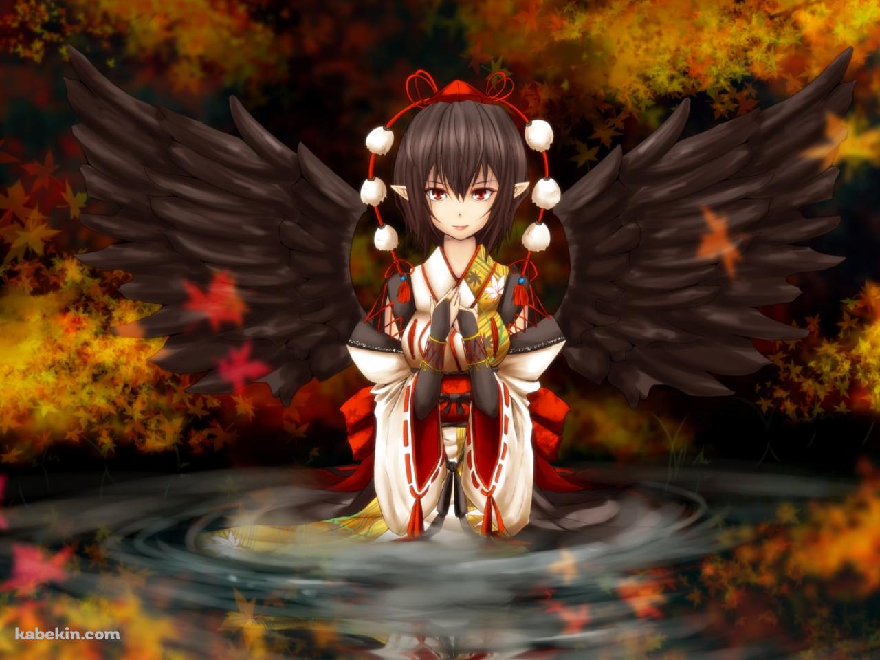 紅葉と湖に浸かる射命丸文 / 東方の壁紙(1280px x 960px) 高画質 PC・デスクトップ用
