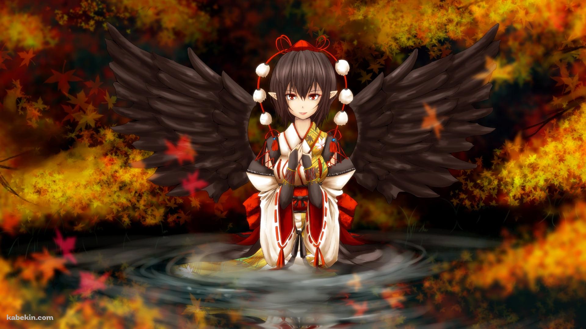 紅葉と湖に浸かる射命丸文 / 東方の壁紙(1920px x 1080px) 高画質 PC・デスクトップ用