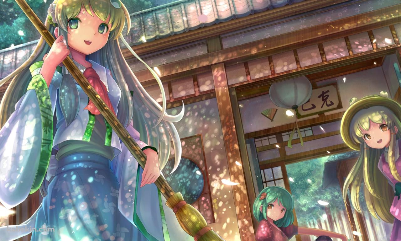 ホウキで掃除をする東風谷早苗 / 洩矢諏訪子 / 八坂神奈子 / 東方の壁紙(1280px x 768px) 高画質 PC・デスクトップ用