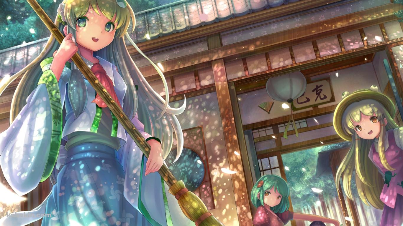 ホウキで掃除をする東風谷早苗 / 洩矢諏訪子 / 八坂神奈子 / 東方の壁紙(1366px x 768px) 高画質 PC・デスクトップ用