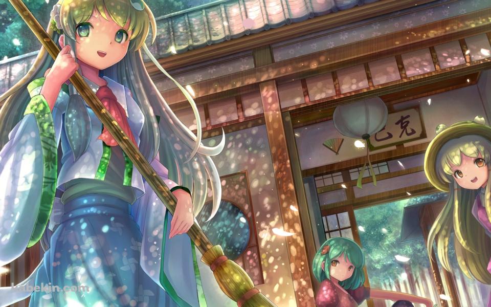 ホウキで掃除をする東風谷早苗 / 洩矢諏訪子 / 八坂神奈子 / 東方の壁紙(960px x 600px) 高画質 PC・デスクトップ用