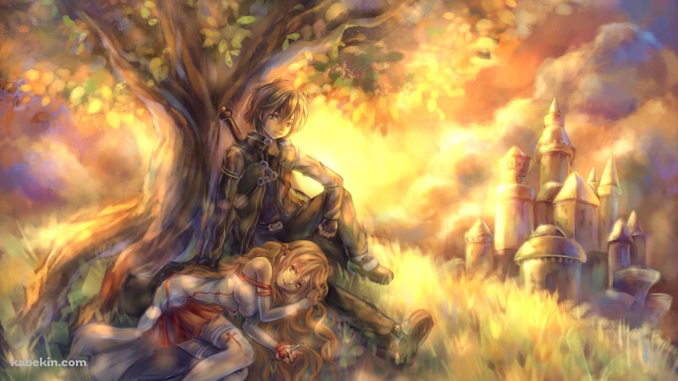 木の下で休むアスナとキリアス / ソードアートオンラインの壁紙(1366px x 768px) 高画質 PC・デスクトップ用