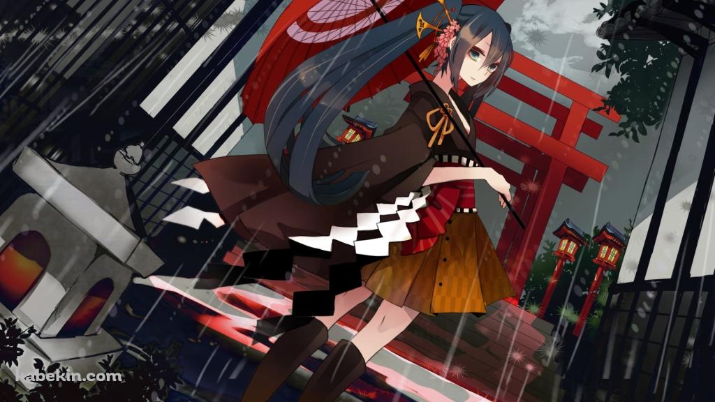 雨の中、和傘をさし振り返る初音ミク / ボーカロイドの壁紙(1024px x 576px) 高画質 PC・デスクトップ用