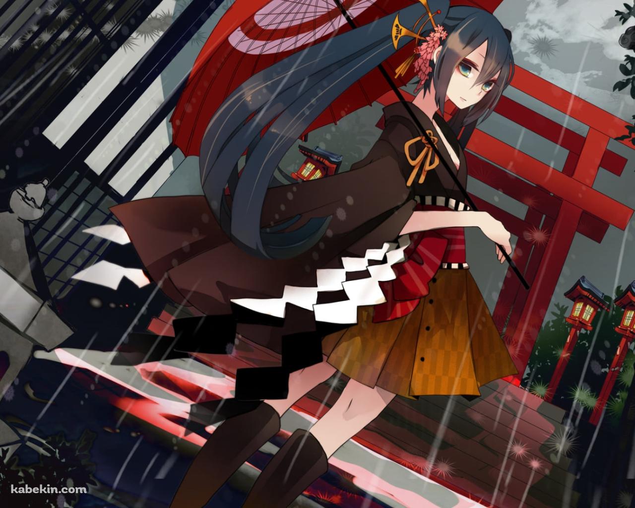 雨の中、和傘をさし振り返る初音ミク / ボーカロイドの壁紙(1280px x 1024px) 高画質 PC・デスクトップ用