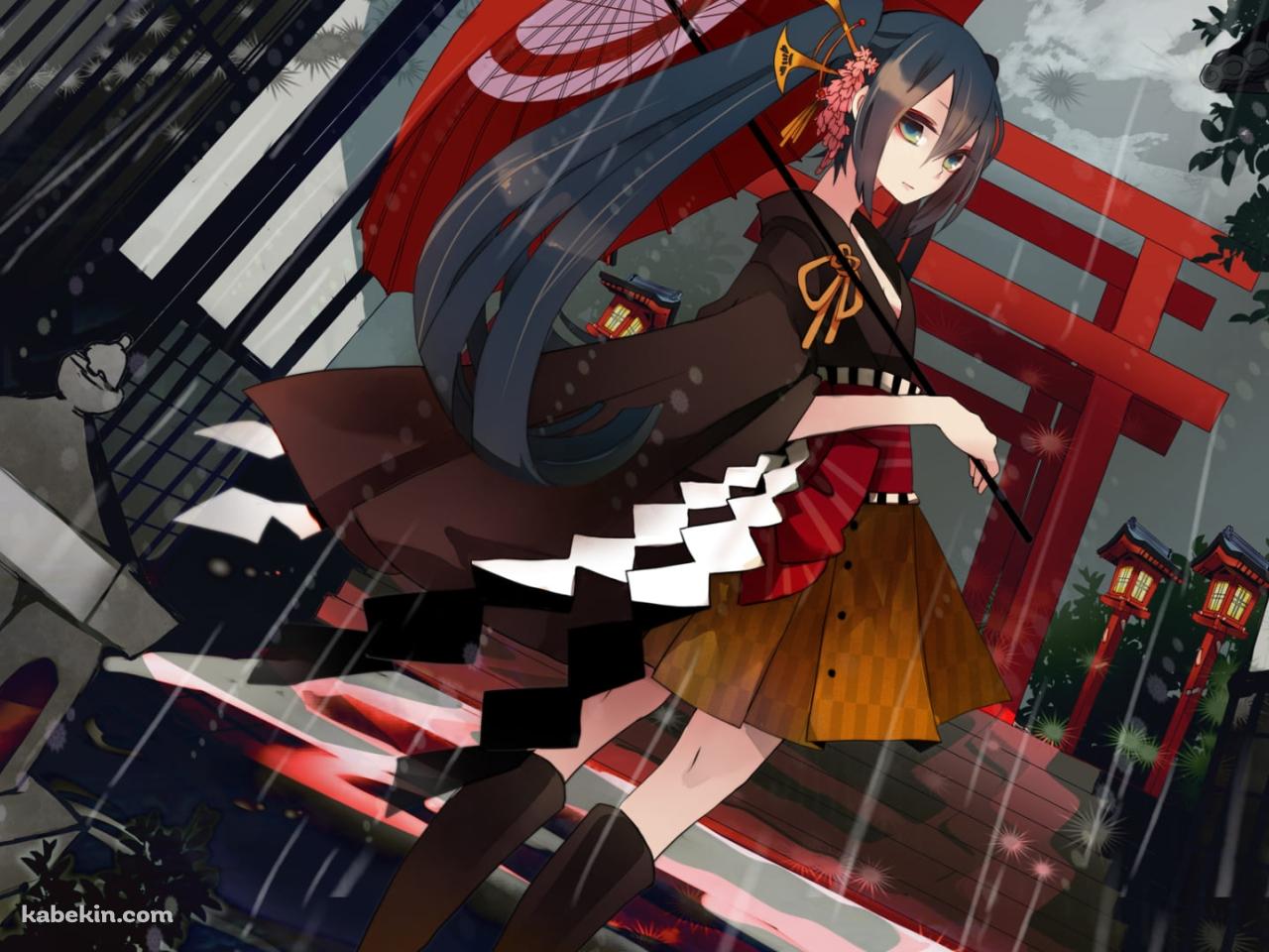 雨の中、和傘をさし振り返る初音ミク / ボーカロイドの壁紙(1280px x 960px) 高画質 PC・デスクトップ用