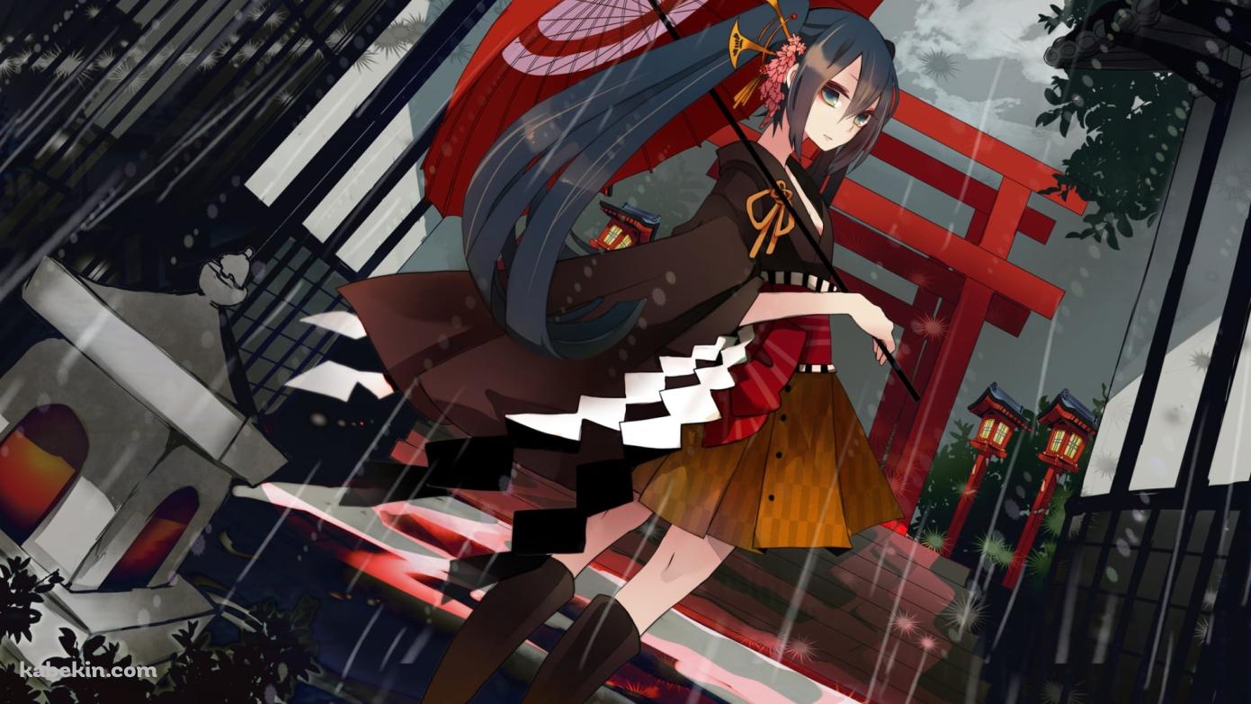 雨の中、和傘をさし振り返る初音ミク / ボーカロイドの壁紙(1391px x 783px) 高画質 PC・デスクトップ用