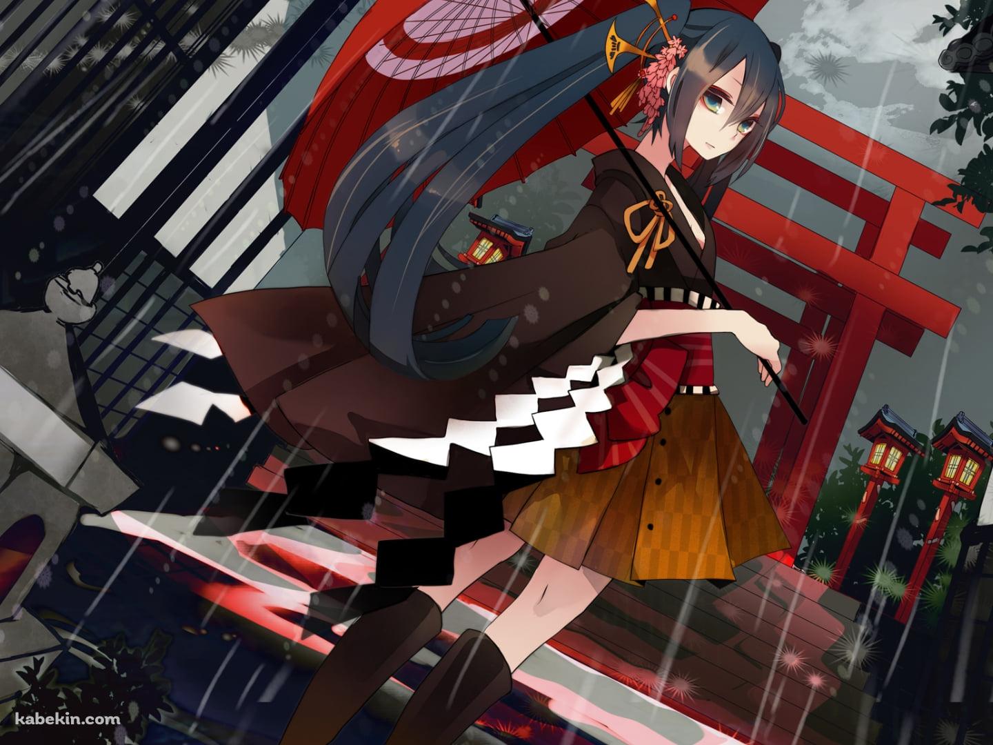 雨の中、和傘をさし振り返る初音ミク / ボーカロイドの壁紙(1440px x 1080px) 高画質 PC・デスクトップ用