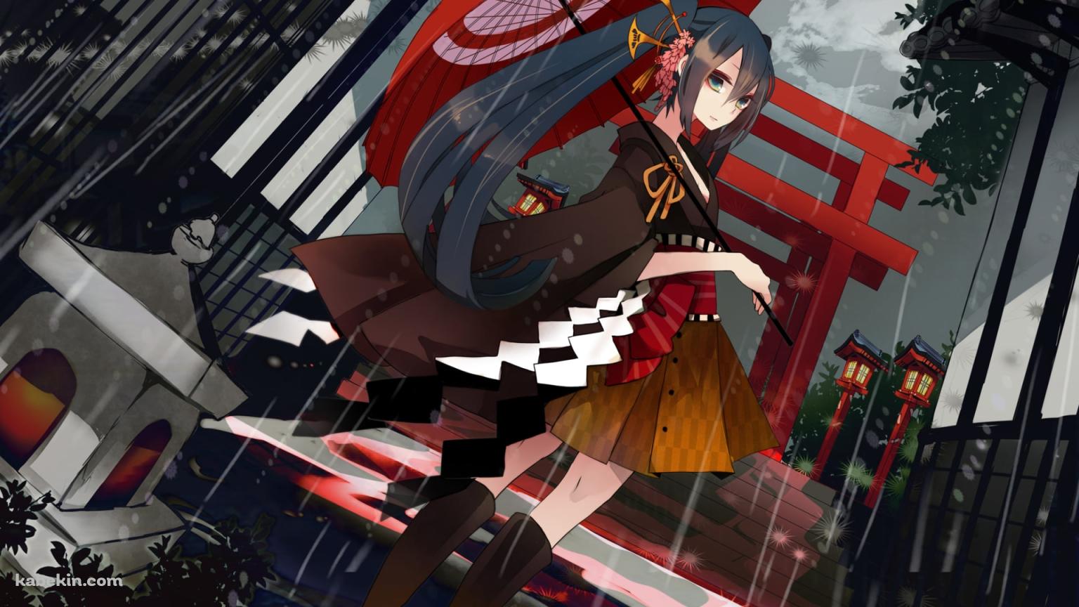 雨の中、和傘をさし振り返る初音ミク / ボーカロイドの壁紙(1536px x 864px) 高画質 PC・デスクトップ用