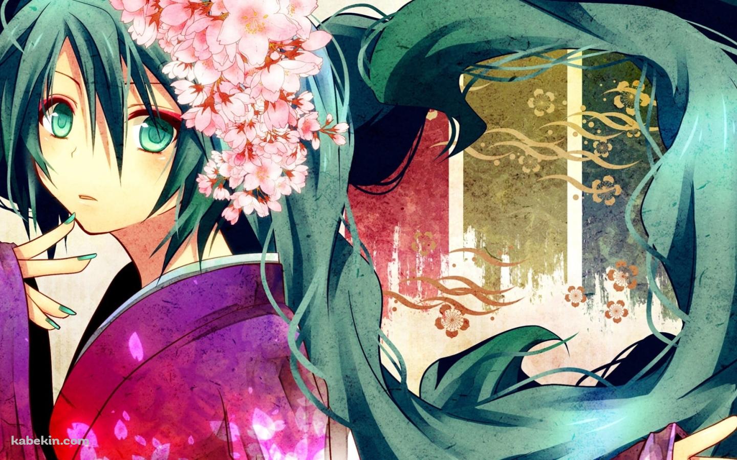 紫の着物を着た初音ミク / 桜の花の冠 / ボーカロイドの壁紙(1440px x 900px) 高画質 PC・デスクトップ用