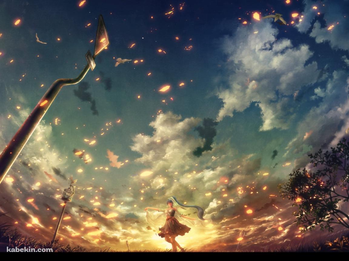 夕暮れの大地で踊る女性 / 進めの標識の壁紙(1152px x 864px) 高画質 PC・デスクトップ用