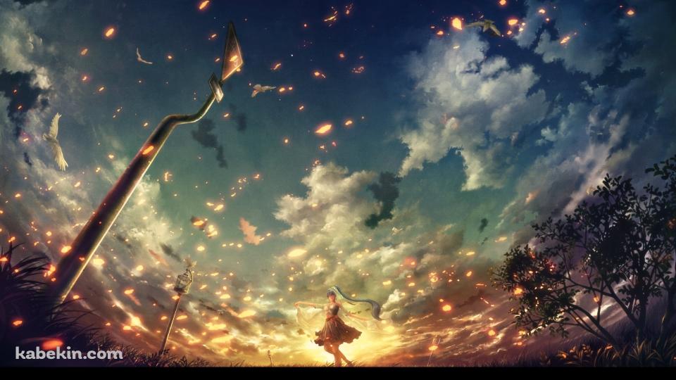 夕暮れの大地で踊る女性 / 進めの標識の壁紙(960px x 540px) 高画質 PC・デスクトップ用