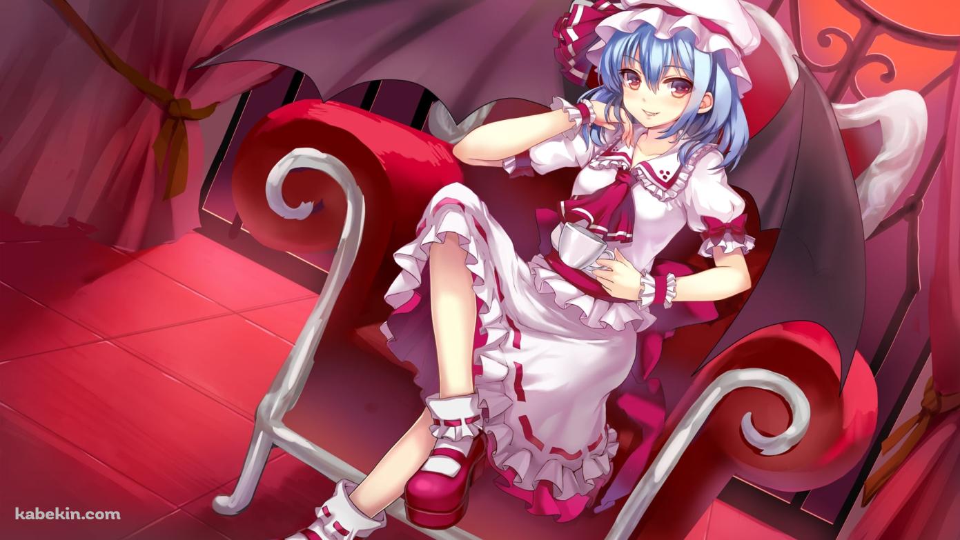 赤い椅子に座り微笑むレミリア・スカーレット / 東方の壁紙(1391px x 783px) 高画質 PC・デスクトップ用