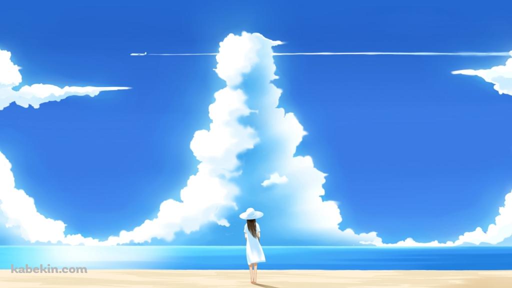 浜辺に立つ白い服を着た女性 / 夏の海 / 入道雲の壁紙(1024px x 576px) 高画質 PC・デスクトップ用