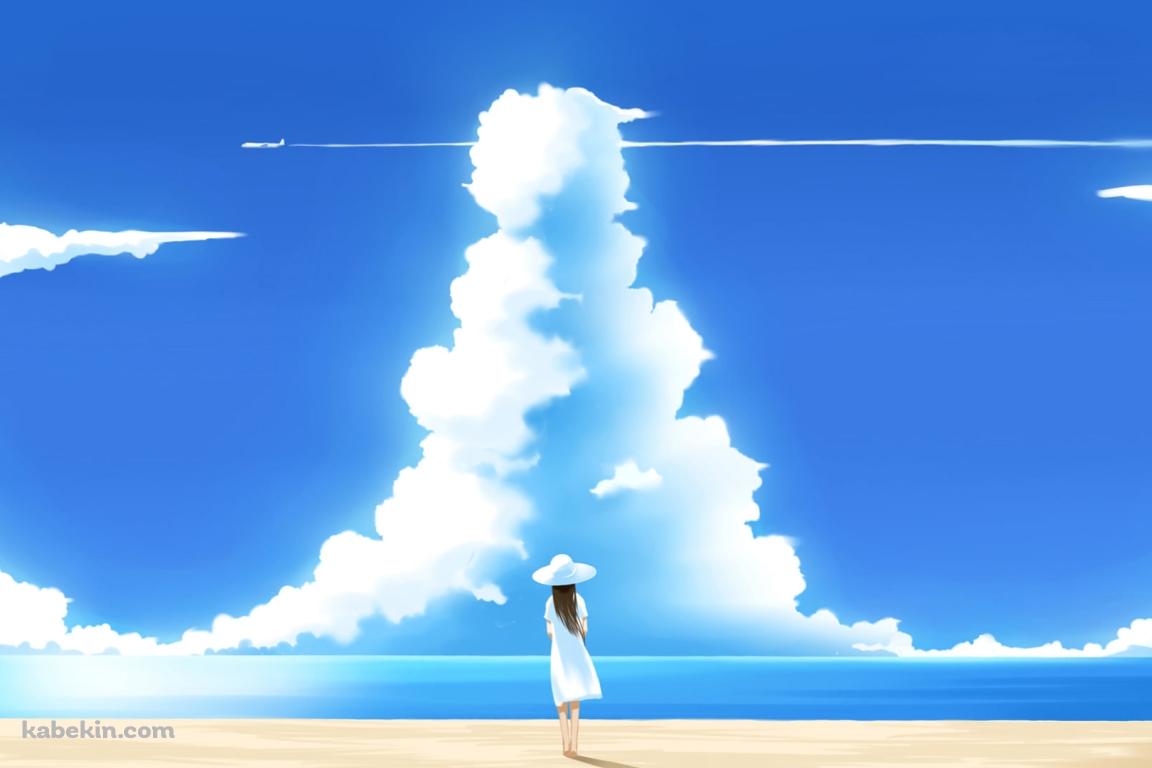 浜辺に立つ白い服を着た女性 / 夏の海 / 入道雲の壁紙(1152px x 768px) 高画質 PC・デスクトップ用