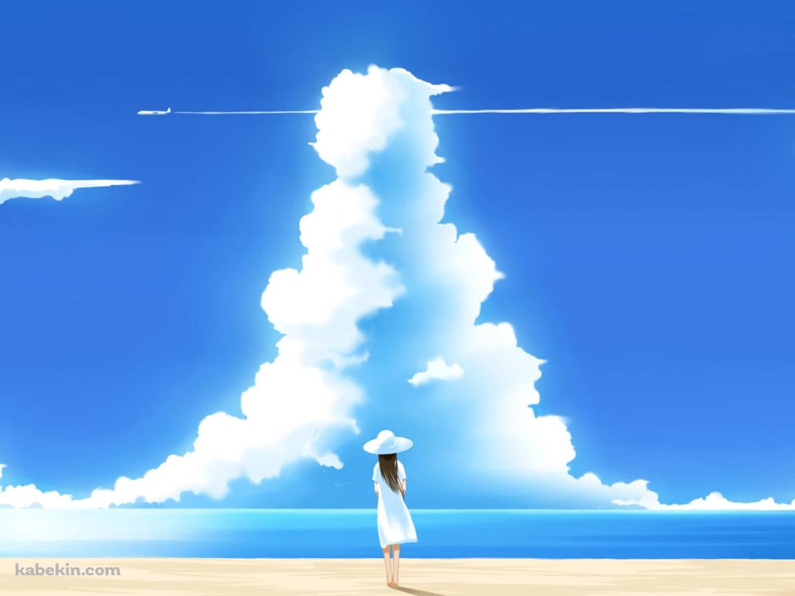 浜辺に立つ白い服を着た女性 / 夏の海 / 入道雲の壁紙(1152px x 864px) 高画質 PC・デスクトップ用