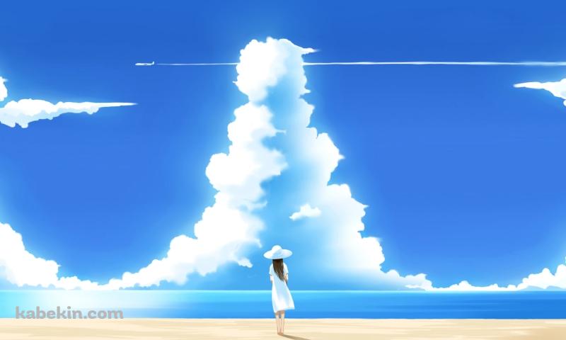 浜辺に立つ白い服を着た女性 / 夏の海 / 入道雲の壁紙(800px x 480px) 高画質 PC・デスクトップ用
