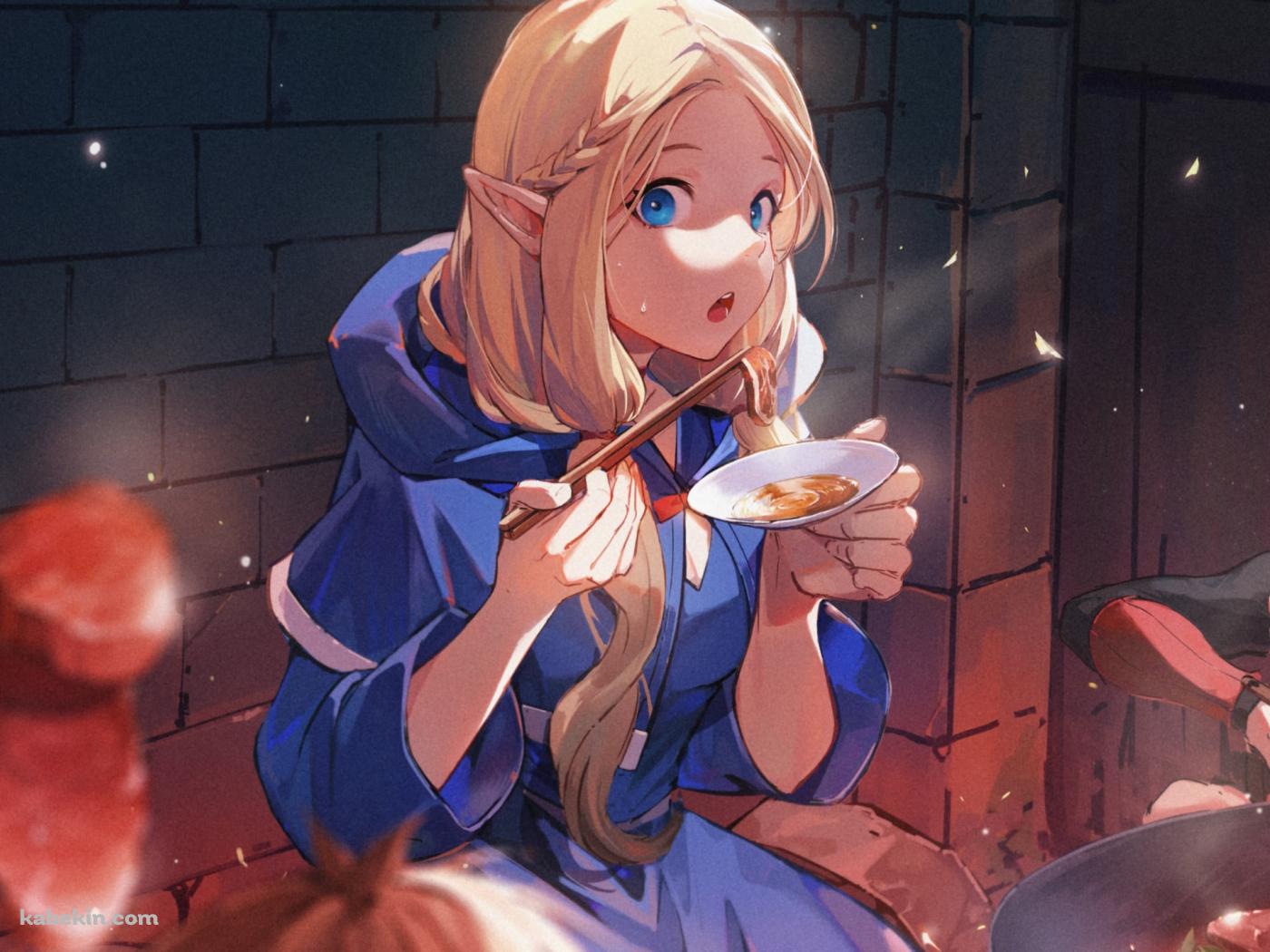 食事をしながらこちらを見つめるマルシルとイヅツミ / ダンジョン飯の壁紙(1400px x 1050px) 高画質 PC・デスクトップ用