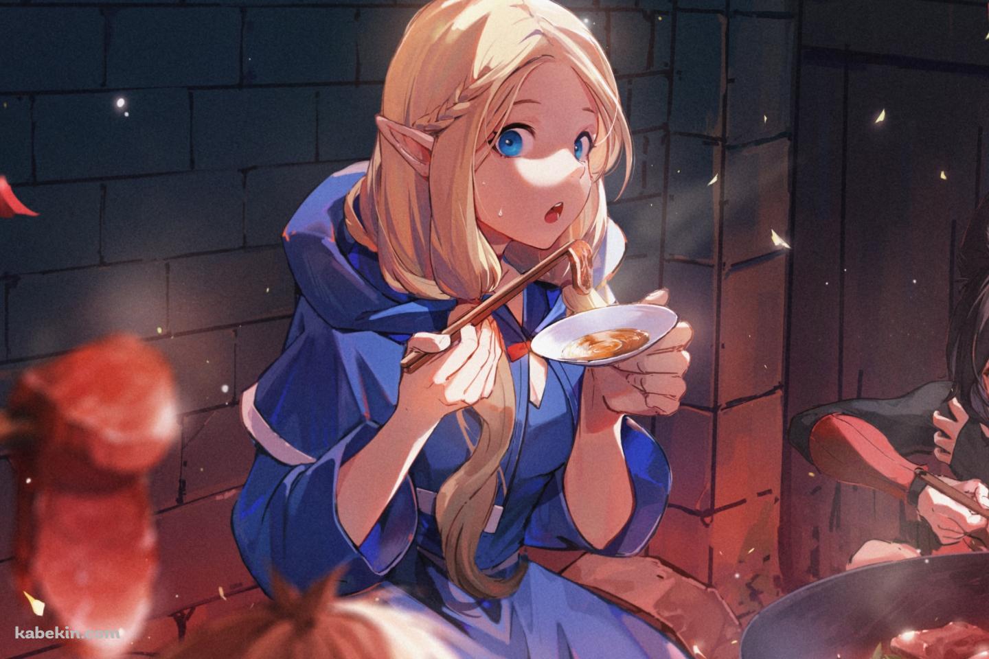 食事をしながらこちらを見つめるマルシルとイヅツミ / ダンジョン飯の壁紙(1440px x 960px) 高画質 PC・デスクトップ用