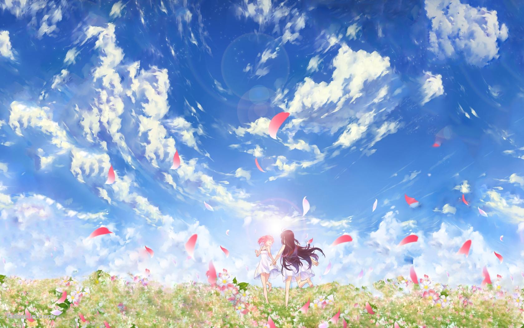 綺麗な花畑を走る鹿目まどかと暁美ほむら / 魔法少女まどか☆マギカの壁紙(1680px x 1050px) 高画質 PC・デスクトップ用